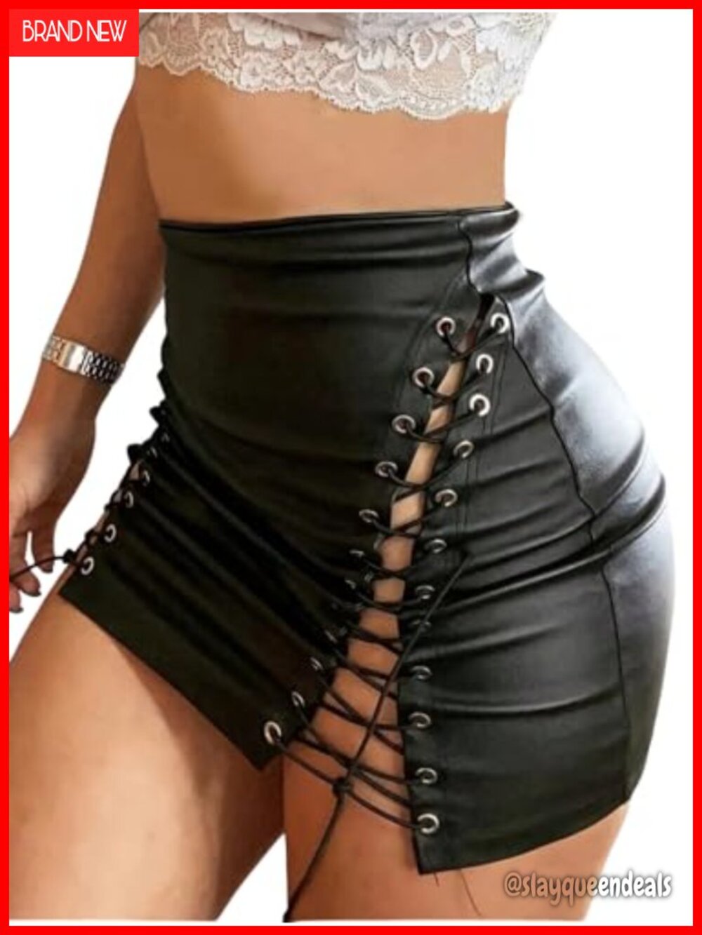 PU Leather Bodycon Mini Skirt High Waist Lace Up Side Slit Night Out Club